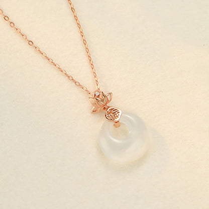 Buddhist Blessing Chalcedony 925 Sterling Silver Lotus Flower Fu Character Peace Buckle Positive Necklace Pendant