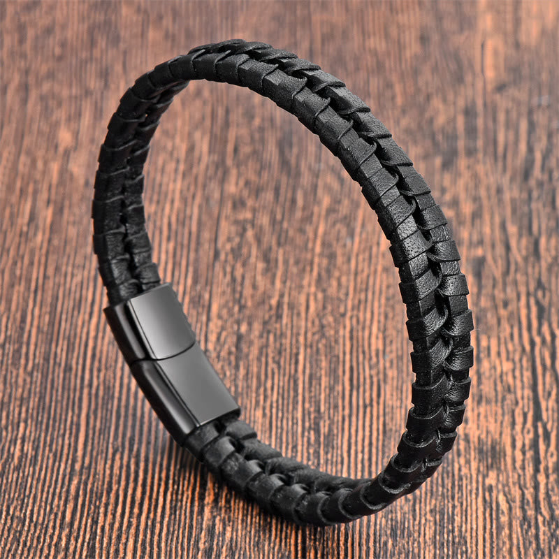 Buddhist Blessing Simple Braided Pattern Titanium Steel Strengthen Multi-layer Leather Buckle Bracelet
