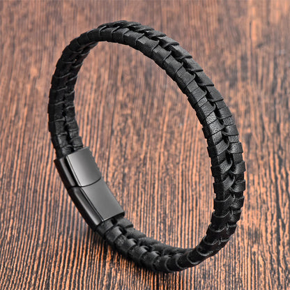 Buddhist Blessing Simple Braided Pattern Titanium Steel Strengthen Multi-layer Leather Buckle Bracelet