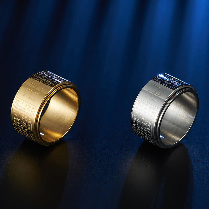 Buddhist Blessing Heart Sutra Swastika Titanium Steel Luck Rotatable Ring