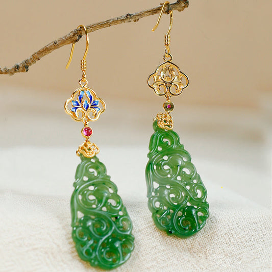 Buddhist Blessing Hollow Hetian Jade Enamel 925 Sterling Silver Prosperity Earrings
