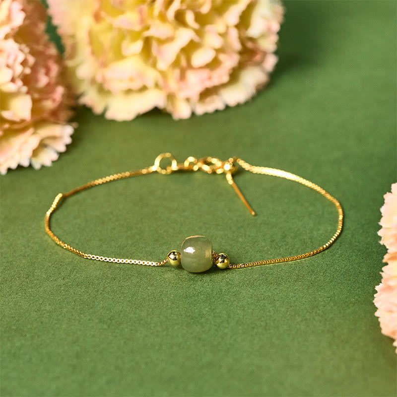 Buddhist Blessing 925 Sterling Silver Natural Jade Bead Abundance Chain Bracelet