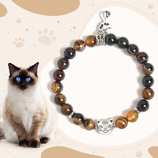 Buddhist Blessing Chocolate Siamese Cat Dark Brown Striped Agate Bead Protection Bracelet