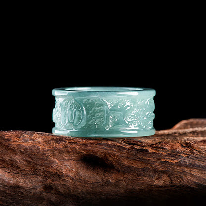 Buddhist Blessing Natural Jade Om Mani Padme Hum Carved Prosperity Ring