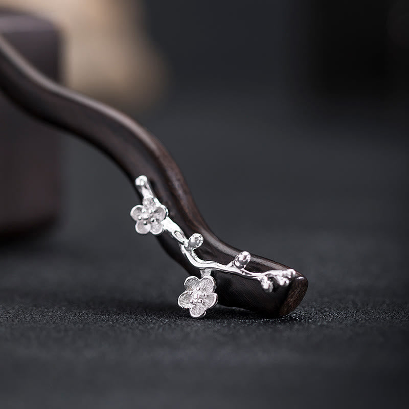 Buddhist Blessing 925 Sterling Silver Classical Chinese Style Ebony Plum Blossom Blessing Hairpin