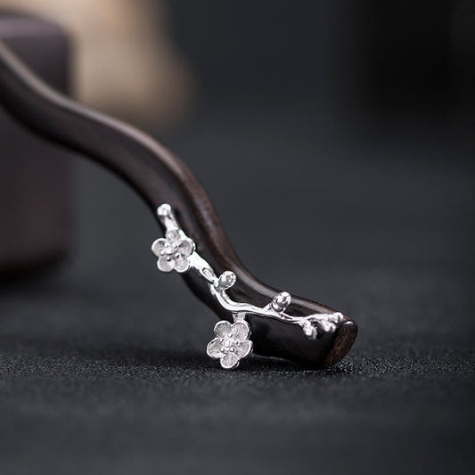 Buddhist Blessing 925 Sterling Silver Classical Chinese Style Ebony Plum Blossom Blessing Hairpin