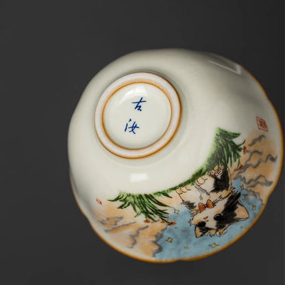 Buddhist Blessing Cute Bow Tie Cat Teacup Kung Fu Tea Cup