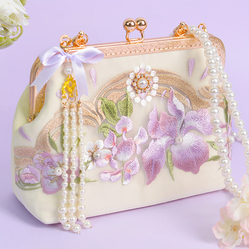 Buddhist Blessing Flowers Embroidered Tassel Pendant Pearl Metal Chain Crossbody Bag Handbags