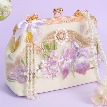 Buddhist Blessing Flowers Embroidered Tassel Pendant Pearl Metal Chain Crossbody Bag Handbags