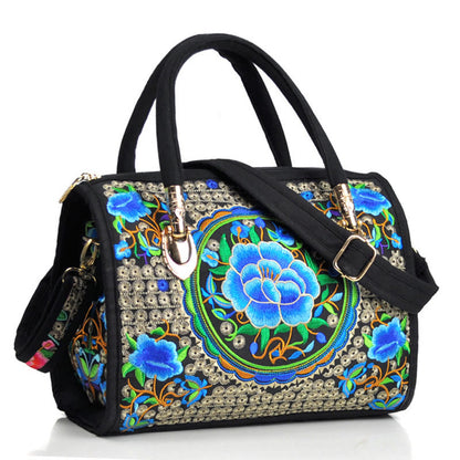 Buddhist Blessing Money Tree Peony Camellia Double-Sided Embroidery Canvas Shopping Purse Handbag Crossbody Bag