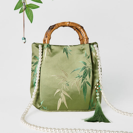 Buddhist Blessing Embroidery Leaves Bamboo Handle Pearl Crossbody Bag Hangbags