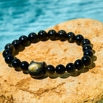 Buddhist Blessing Gold Sheen Obsidian Silver Sheen Obsidian Lovely Paw Lucky Cat Protection Bracelet