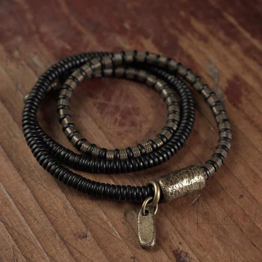 Buddhist Blessing Healing Tibetan Ebony Wood Beads Copper Multilayered Bracelet