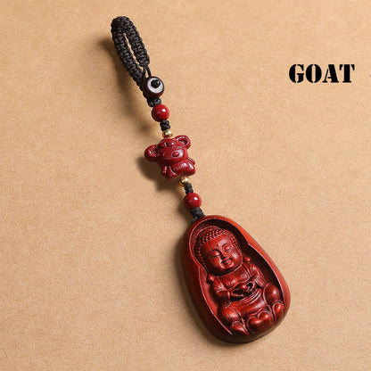 Buddhist Blessing Small Leaf Red Sandalwood Buddha Cinnabar Chinese Zodiac Amulet Protection Key Chain