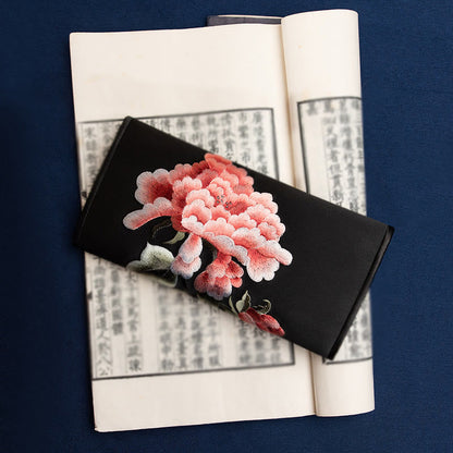 Buddhist Blessing Peony Flower Su Embroidery Journey Shopping Long Purse Handbag