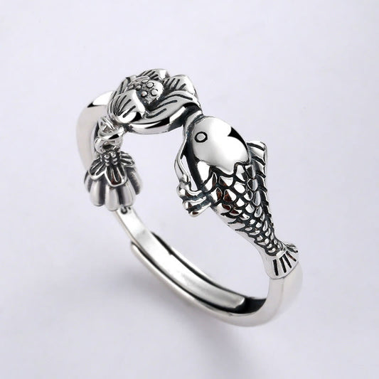 Buddhist Blessing 925 Sterling Silver Koi Fish Lotus Flower Success Ring