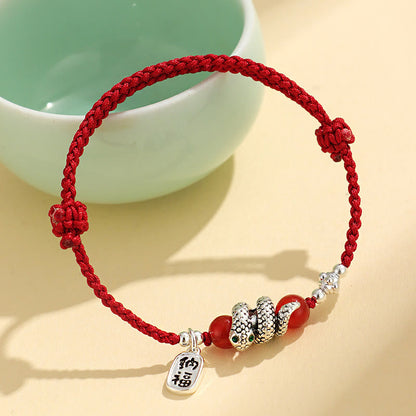 Buddhist Blessing Fu Character Agate Year Of The Snake Lucky Fortune Charm String Luck Bracelet