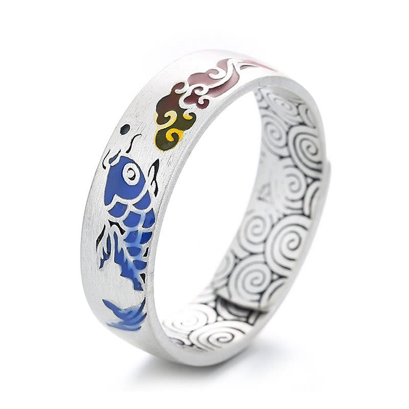Buddhist Blessing 925 Sterling Silver Lucky Koi Fish Auspicious Clouds Wealth Ring