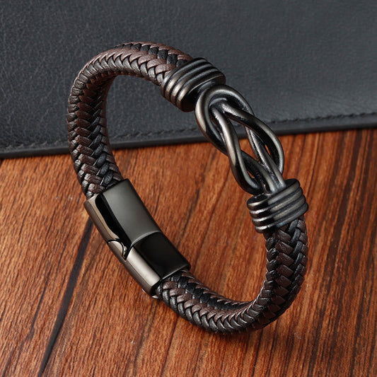 Buddhist Blessing Endless Knot Pattern Titanium Steel Balance Leather Buckle Bracelet