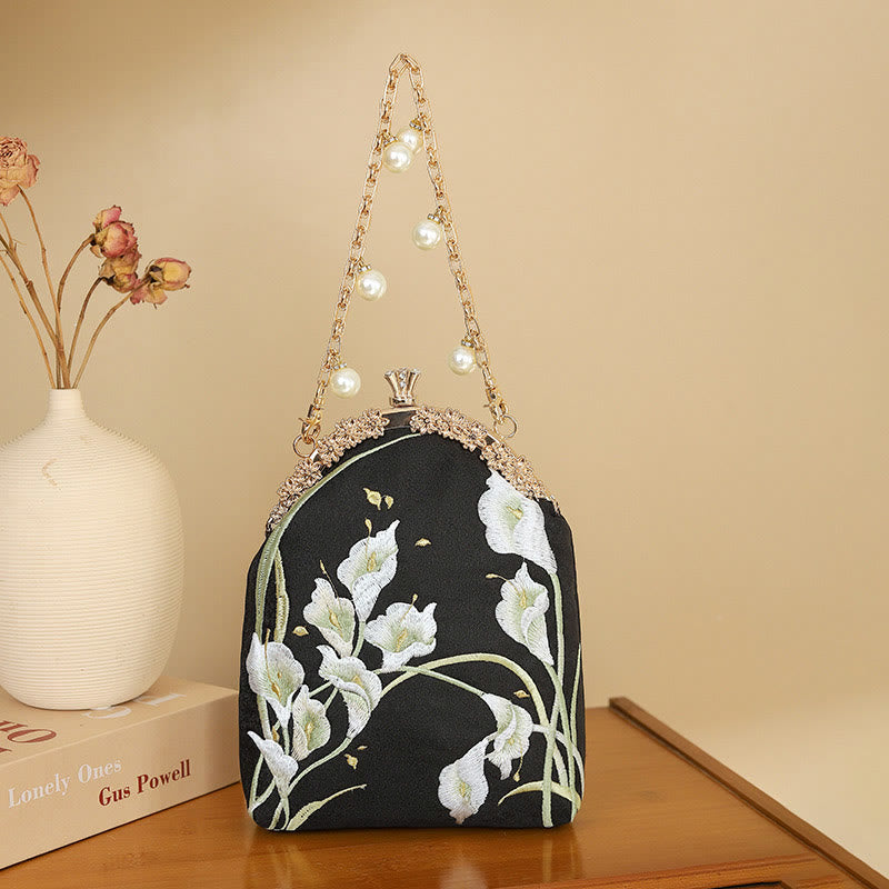 Buddhist Blessing Calla Embroidery Metal Handle Handbag Crossbody Bag