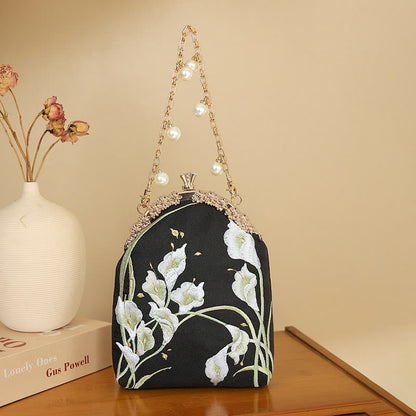 Buddhist Blessing Calla Embroidery Metal Handle Handbag Crossbody Bag