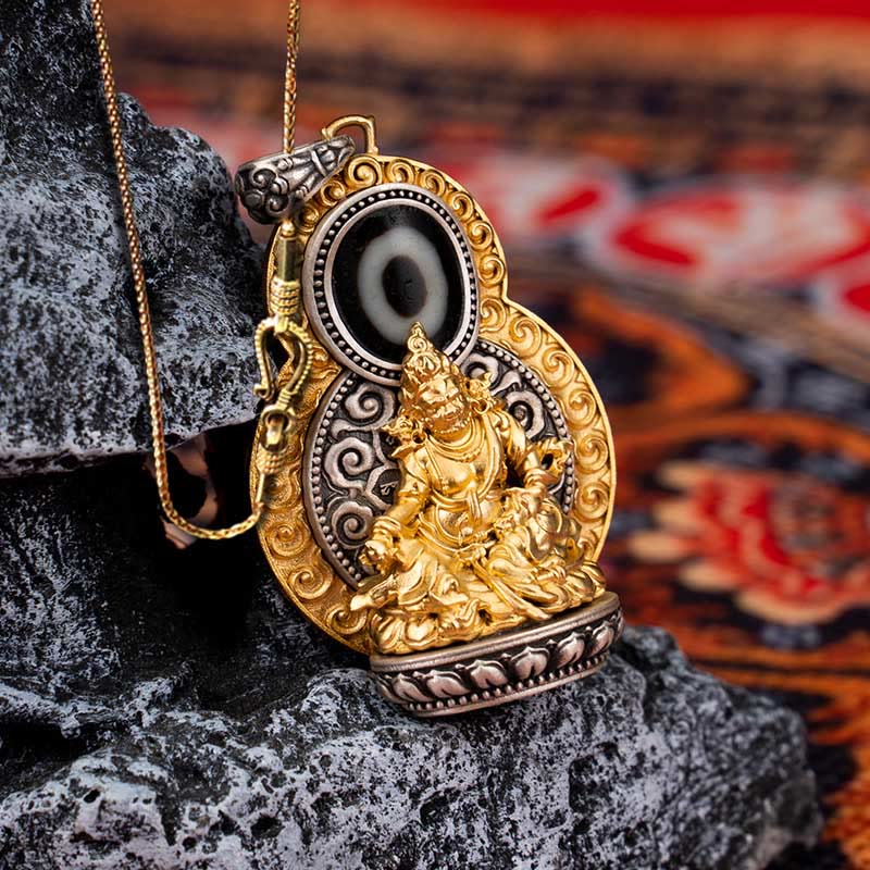 Buddhist Blessing 925 Sterling Silver Tibet Yellow Jambhala God of Wealth Dzi Bead Om Mani Padme Hum Happiness Necklace Pendant