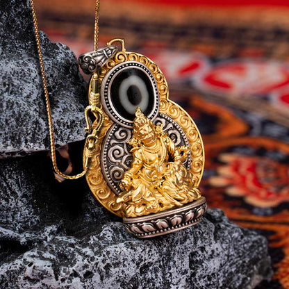 Buddhist Blessing 925 Sterling Silver Tibet Yellow Jambhala God of Wealth Dzi Bead Om Mani Padme Hum Happiness Necklace Pendant