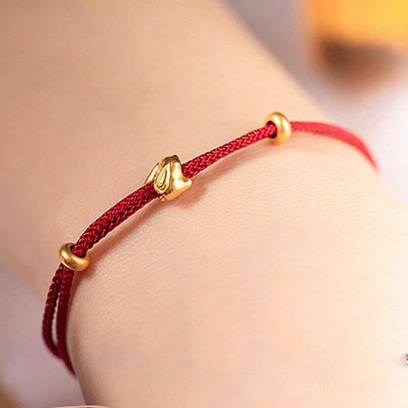 Buddhist Blessing 999 Gold Small Lucky Rabbit Osmanthus Design Handmade Luck Braided Rope Bracelet