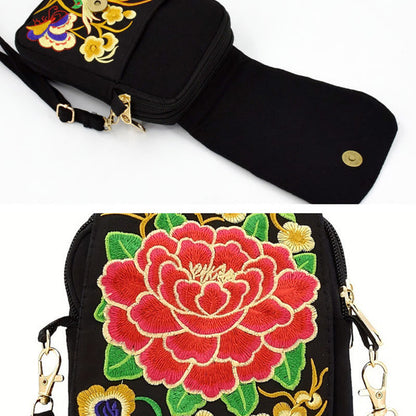 Buddhist Blessing Inula Flower Peony Embroidery Canvas Shopping Purse Handbag Crossbody Bag