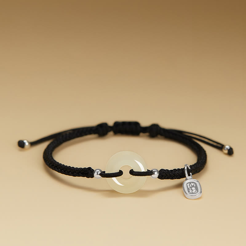 Buddhist Blessing Natural Hetian Jade Peace Buckle Fu Character Protection Luck Braided Bracelet