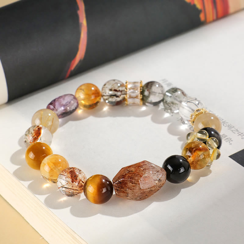 Buddhist Blessing Super Seven Crystal Topaz Obsidian Tiger Eye Positivity Bracelet