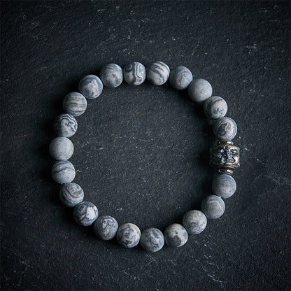 Buddhist Blessing Natural Frosted Grey Jasper Buddha Face Healing Protection Bracelet