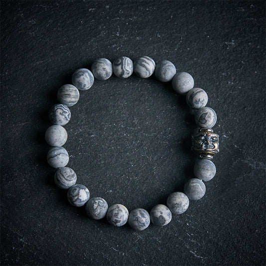 Buddhist Blessing Natural Frosted Grey Jasper Buddha Face Healing Protection Bracelet