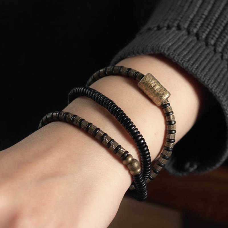 Buddhist Blessing Healing Tibetan Ebony Wood Beads Copper Multilayered Bracelet