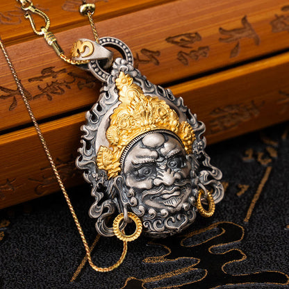 Buddhist Blessing 925 Sterling Silver Tibetan Yellow Jambhala God of Wealth Protection Necklace Pendant