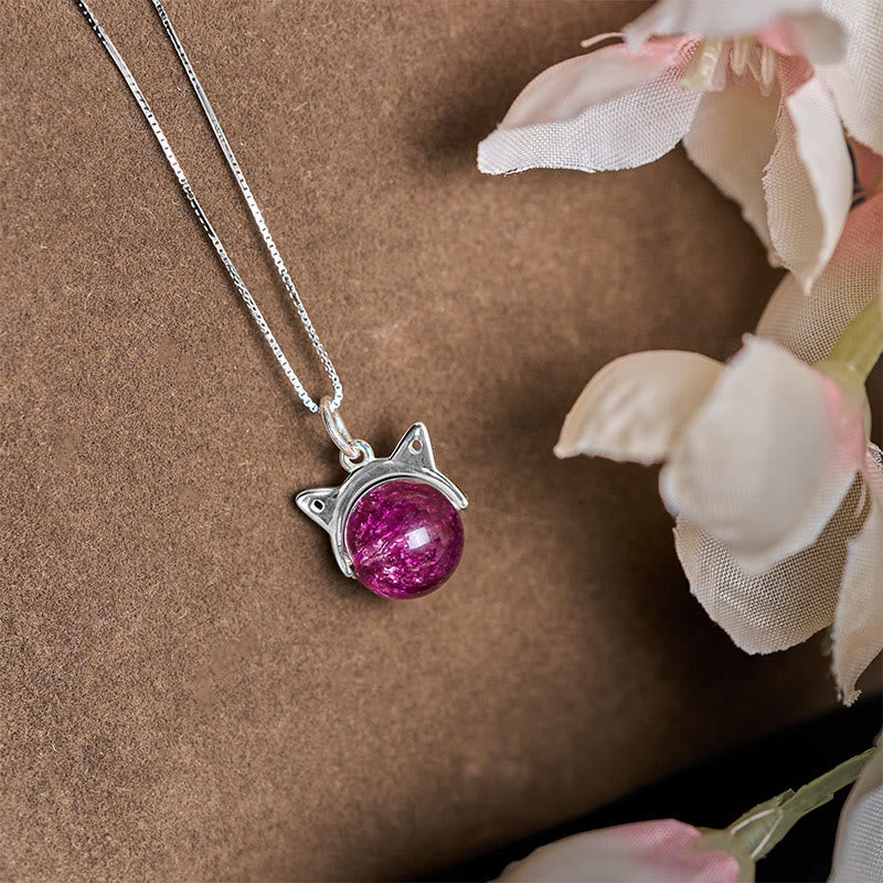 Buddhist Blessing 925 Sterling Silver Natural Deep Purple Fireworks Super Seven Crystal Cat Necklace Pendant