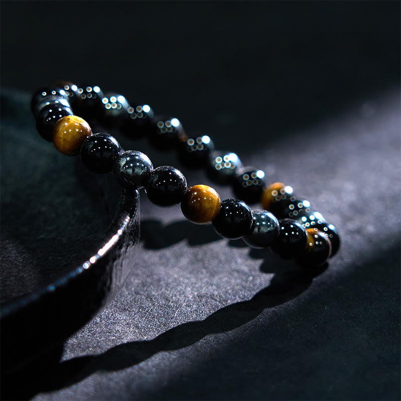 Buddhist Blessing Natural Tiger's Eye Obsidian Hematite Positive Powerful Bracelet