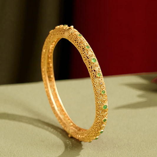 Buddhist Blessing Hollow Filigree Design Copper Plated Gold Wealth Bracelet Bangle