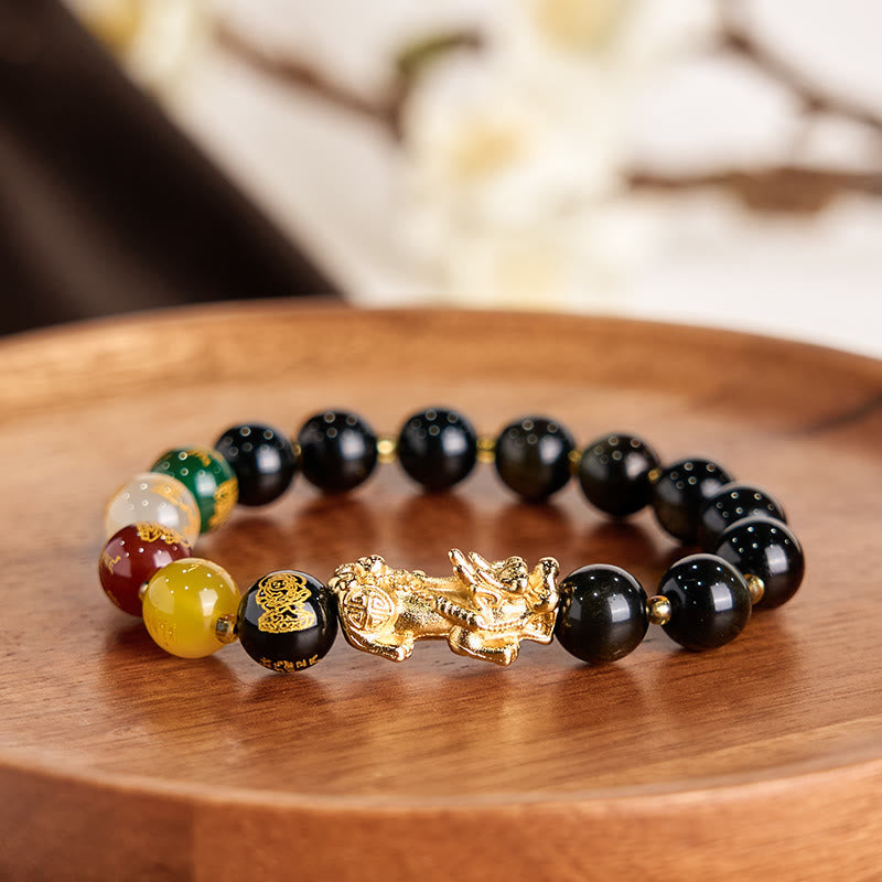 Buddhist Blessing Natural Gold Sheen Obsidian PiXiu Five Directions Gods of Wealth Protection Bracelet