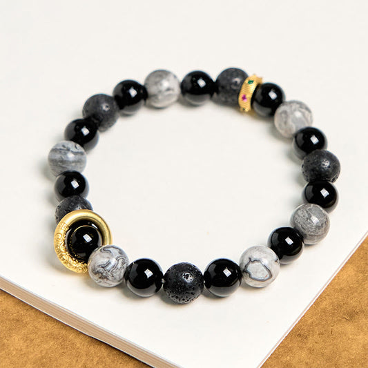 Buddhist Blessing Lava Rock Black Onyx Picasso Jasper Healing Bracelet