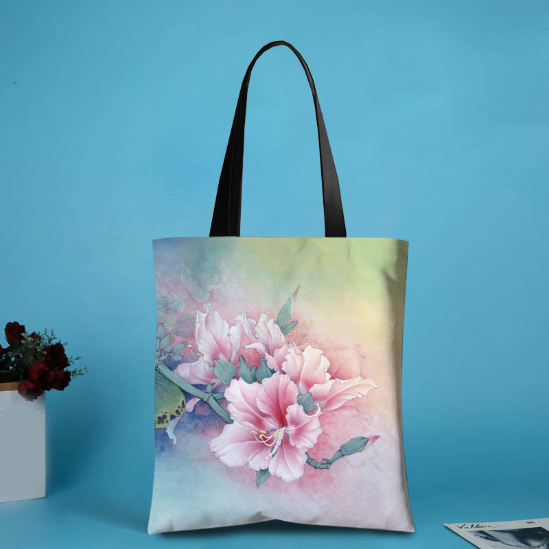 Buddhist Blessing Large Capacity Handmade Canvas Ink Lotus Dragonfly Shoulder Bag Shopping Bag