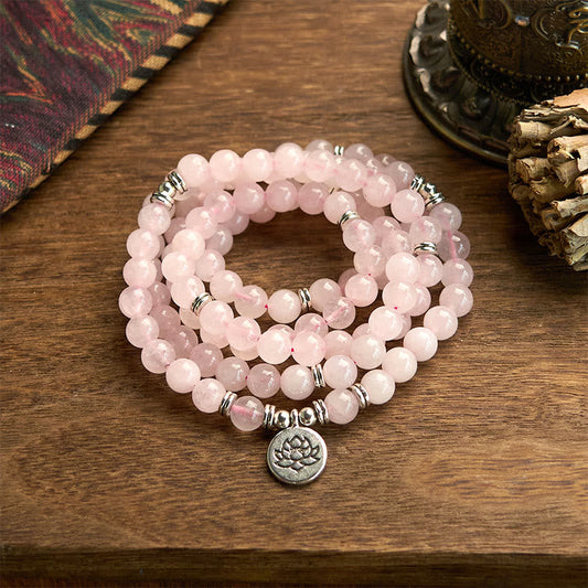 Buddhist Blessing 108 Mala Beads Natural Stone Rose Quartz Lotus Peace Bracelet