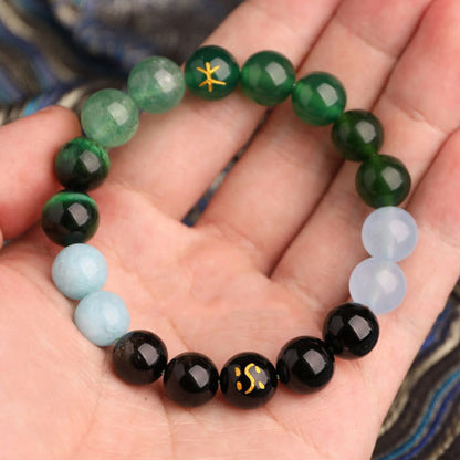 Buddhist Blessing Five Elements Various Agate Crystal Black Onyx Green Chalcedony Aquamarine Wisdom Bracelet