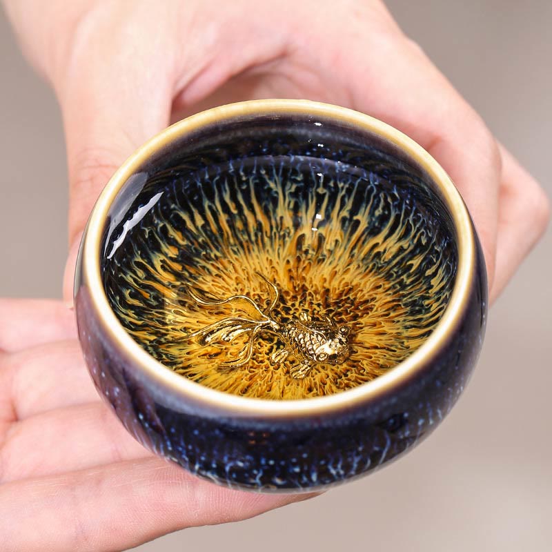 Buddhist Blessing Handmade Chinese Jianzhan Koi Fish Lotus Dragon Phoenix 12 Chinese Zodiac Ceramic Teacup Kung Fu Tea Cup 70ml