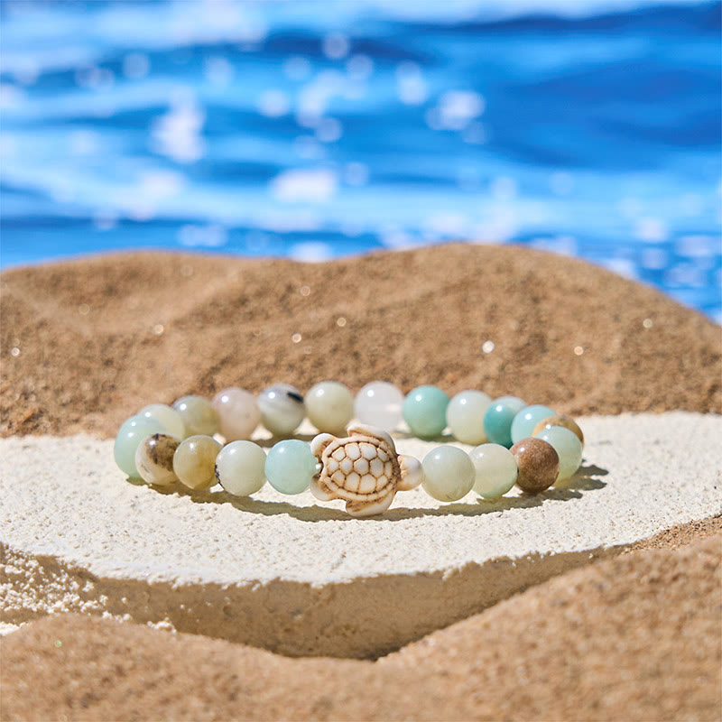 Buddhist Blessing Natural Stone Sea Turtle Turquoise Crackle Agate Wisdom Bracelet
