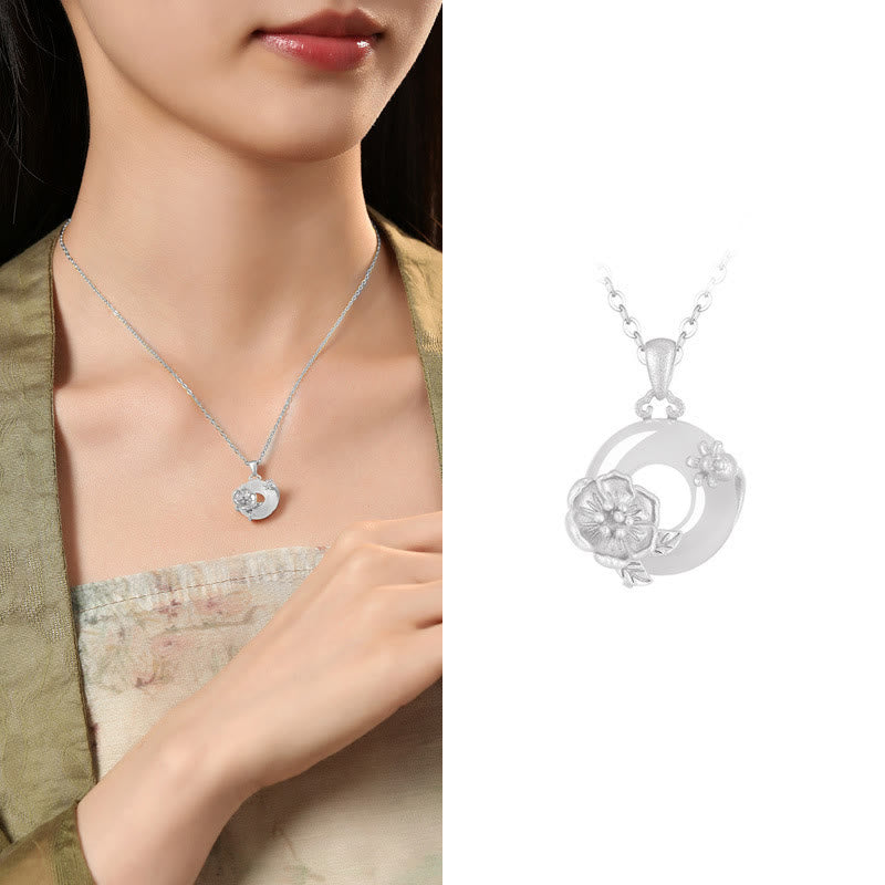 Buddhist Blessing Chalcedony 925 Sterling Silver Peace Buckle Flowers Necklace Pendant