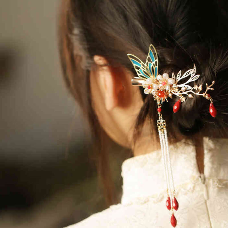 Buddhist Blessing Classical Chinese Style Flower Branche Butterfly Pearl Tassel Hair Clip Hair Comb Hair Crown