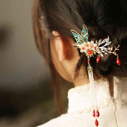 Buddhist Blessing Classical Chinese Style Flower Branche Butterfly Pearl Tassel Hair Clip Hair Comb Hair Crown
