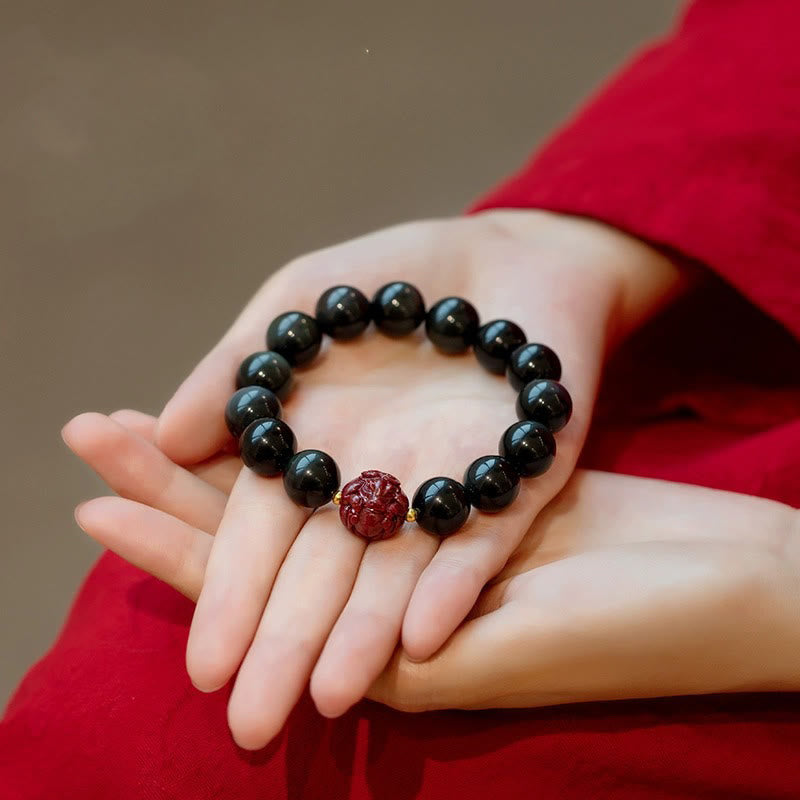 Buddhist Blessing Chinese Zodiac Natural Black Obsidian Cinnabar Purification Bracelet