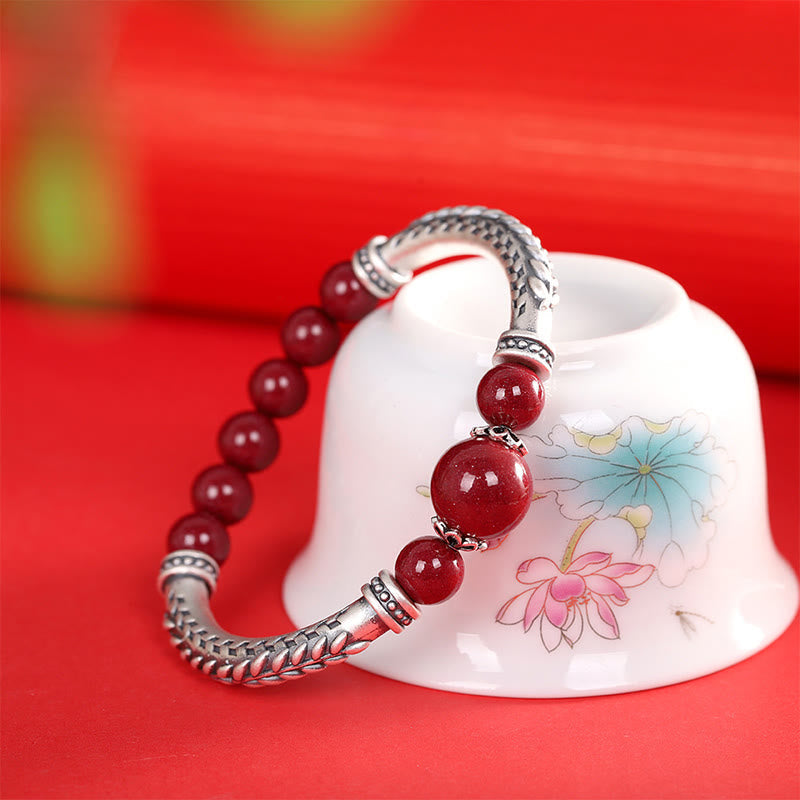 Buddhist Blessing 999 Sterling Silver Cinnabar Wheat Ears Blessing Bracelet Bangle